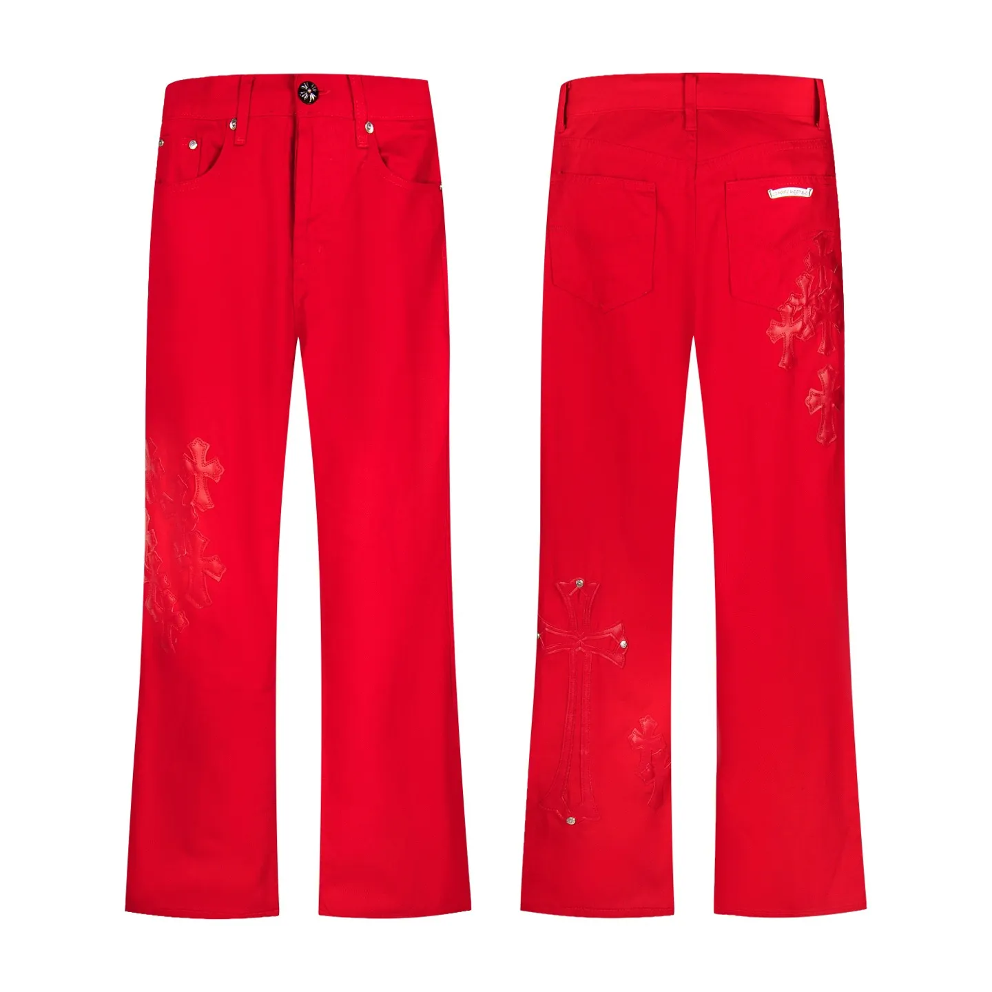 P270 💰 (Top version) CHROME HEARTS 25ss dopamine Chinese red cross leather washed jeans - Full of exploring the ultimate in fashion, Chrome Hearts' new Chrome Hearts pants not only present a unique style, the fresh ice blue color looks particularly youthful and energetic. The mid-high waist design is paired with a lazy and casual style, which not only shows long legs but also maintains a casual feel. It is a must-have fashion choice for trendy men and trendy women. Color: Dopamine Red Size: 28-30-32-34 (corresponds to S-M-L-XL)